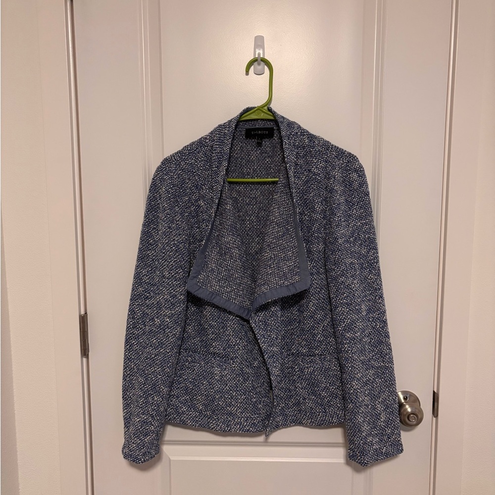 Talbots Blue Tweed Cotton Blend Pockets Open Front Waterfall Blazer